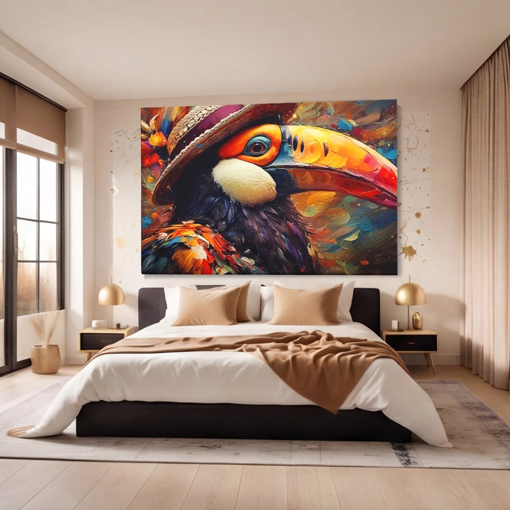 Tablou canvas cu tablou cu portret de tucan cu palarie, fara rama, pe sasiu de lemn, pe perete intr-un dormitor